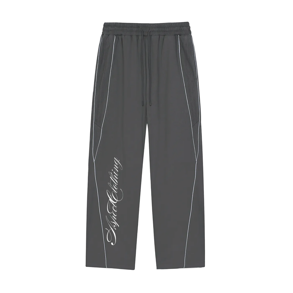 Dark gray pants with white piping and branding on a white background