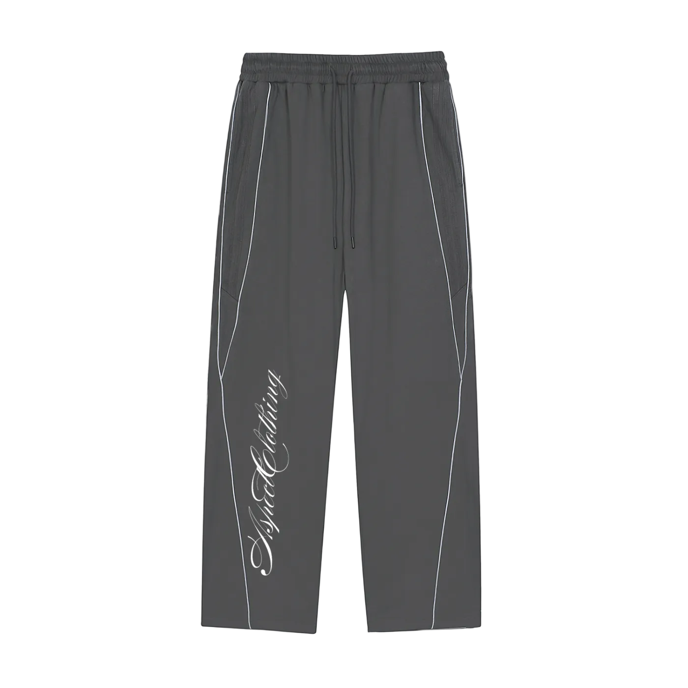 Dark gray pants with white piping and branding on a white background